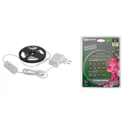 Комплект светодиодной ленты SMD2835-60 LED/м-12 В-4,8 Вт/м-IP20-3000 К (3 м), 18 Вт TDM